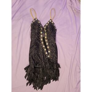 Professional Black Latin Rhythm Dance Dress Asymmetric Fringe